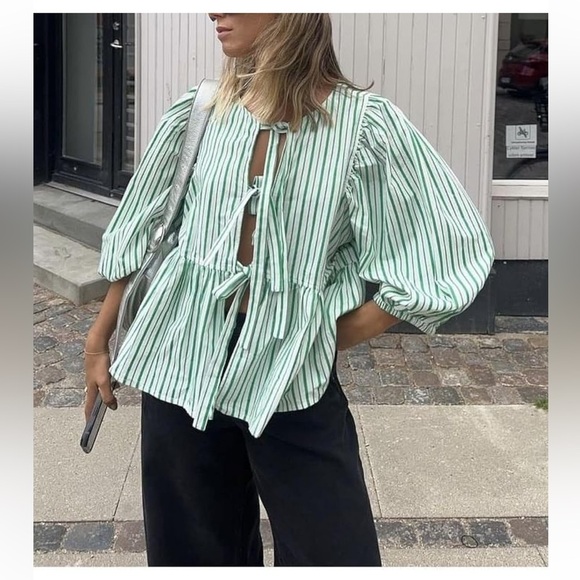 Women Puff Sleeve Peplum Shirts Bow Tie Front Stripe Babydoll Blouse Lace‎ Up - Picture 4 of 10